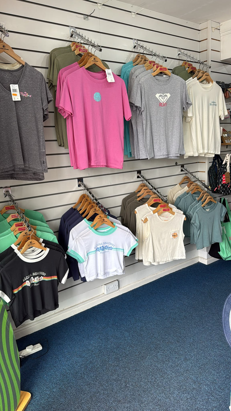 Roxy, Oneill, Billabong and Surfshop Clothes in Hot Dog Surf Shop, Kittle, Gower.
